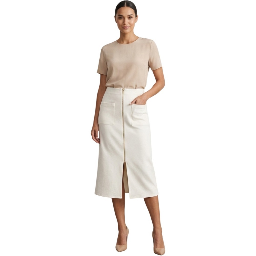 Messini Ivory Midi Skirt Gold Front Zip with Pockets Size XL